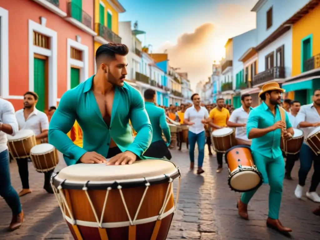 Grupo de jóvenes músicos uruguayos tocando tambores de candombe en las coloridas calles de Barrio Sur, capturando la esencia cultural de Uruguay