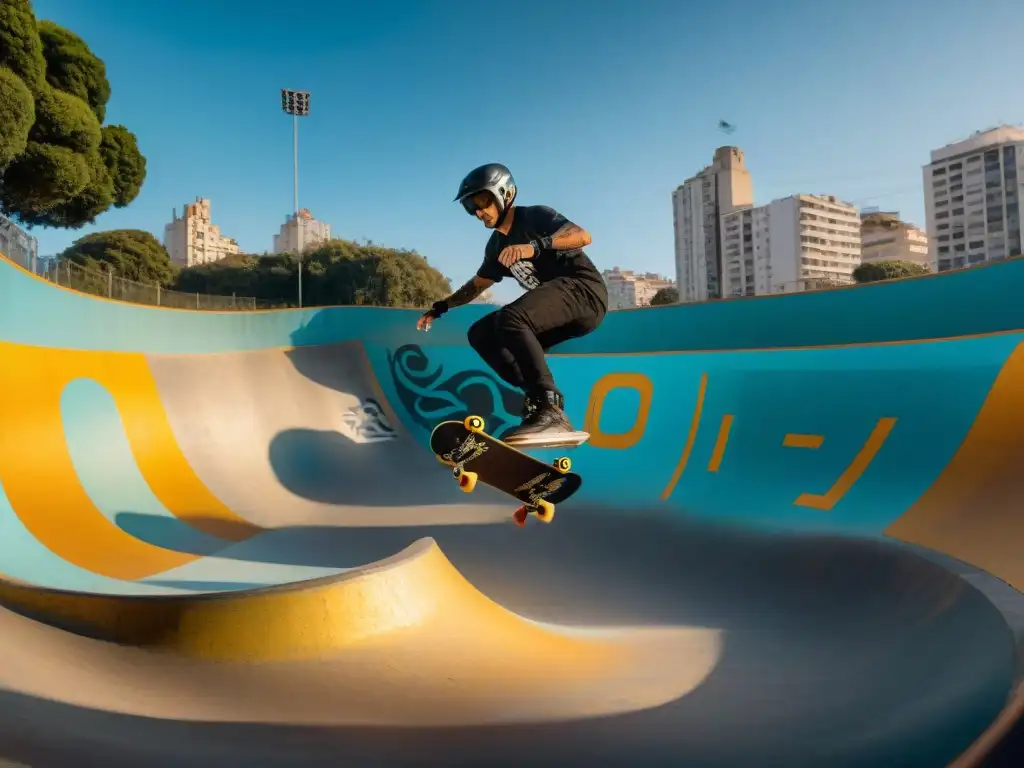 Un grupo de jóvenes skaters y riders uruguayos en un skatepark urbano en Montevideo, fusionando moda urbana influenciada por skate y BMX