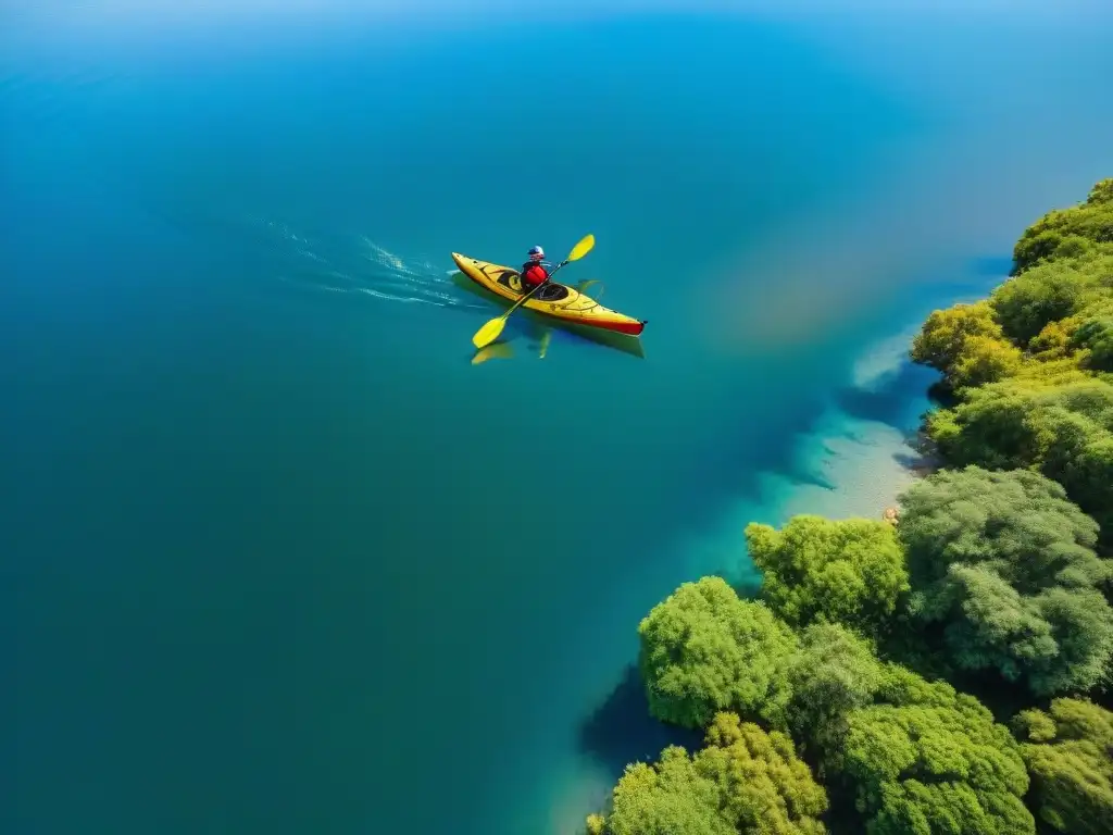 Un grupo de kayakistas remando en aguas cristalinas del Río Uruguay en un día soleado de verano