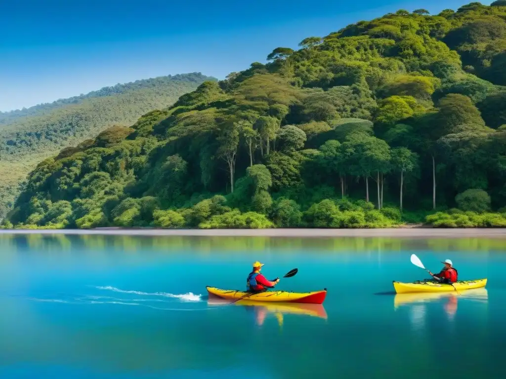 Grupo de kayakistas navegando en aguas escénicas del Río Negro en Uruguay