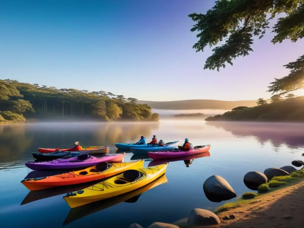 Kayakers al atardecer en lago uruguayo Un grupo de kayakistas se prepara para remar al atardecer en Uruguay, lanzando sus kayaks coloridos en aguas tranquilas
