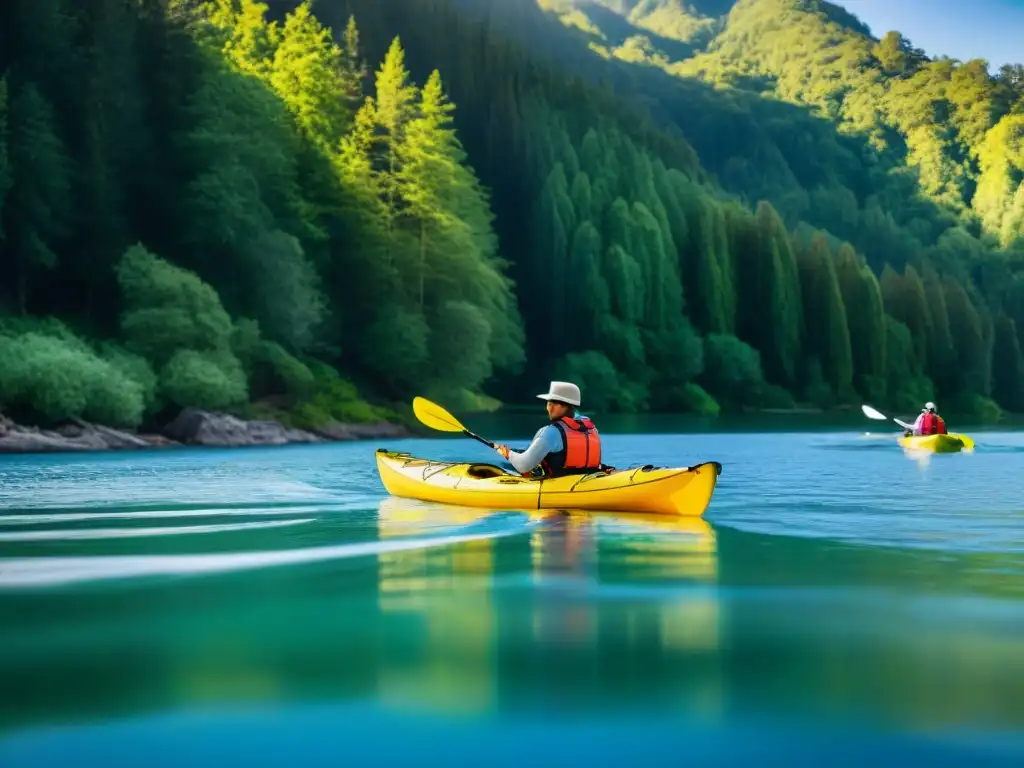 Kayakers disfrutando de un día seguro y sereno en aguas tranquilas Un grupo de kayakistas con chalecos brillantes navegando en aguas tranquilas rodeados de bosques verdes, bajo un cielo azul