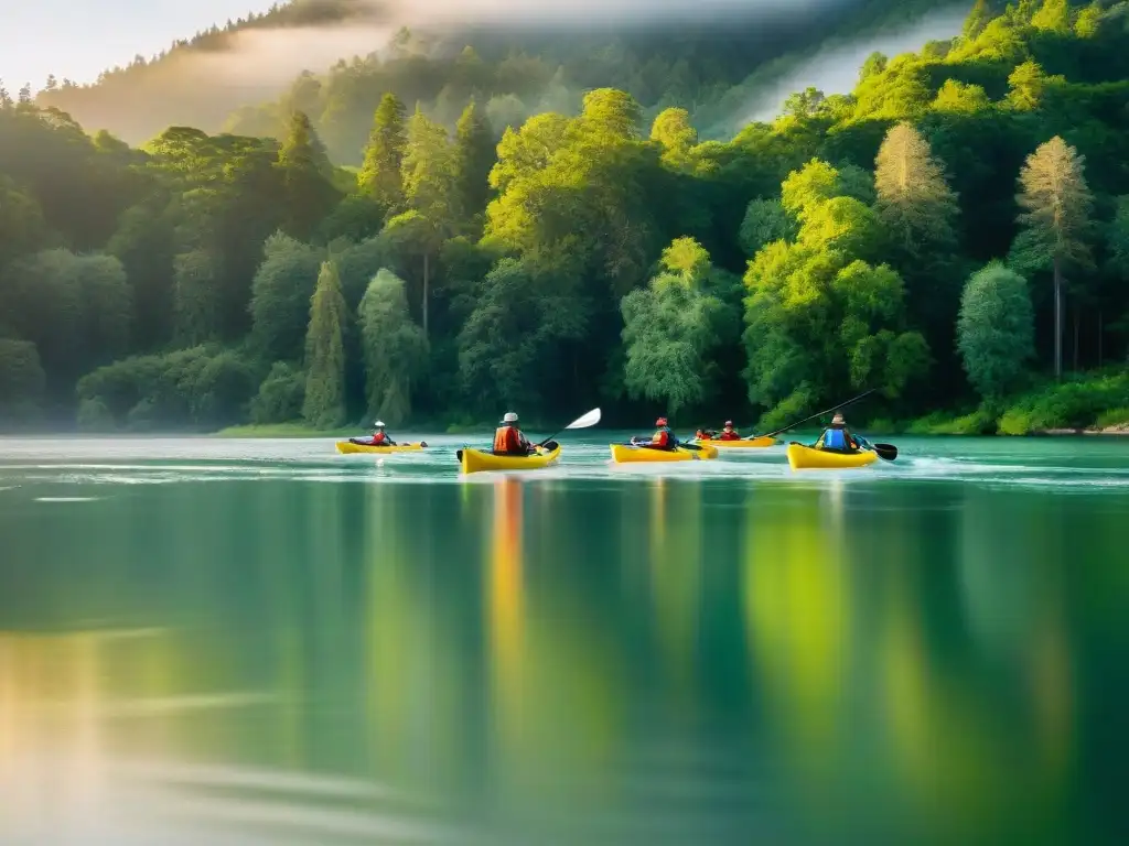 Kayakers en aguas tranquilas al atardecer Un grupo de kayakistas con chalecos salvavidas coloridos surcan aguas tranquilas entre bosques verdes al atardecer