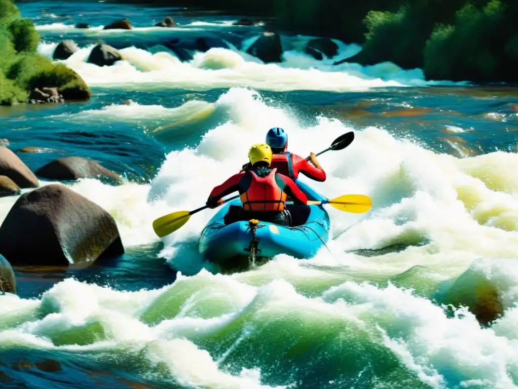 Grupo de kayakistas desafiantes conquistando los rápidos del Uruguay con intensidad y determinación