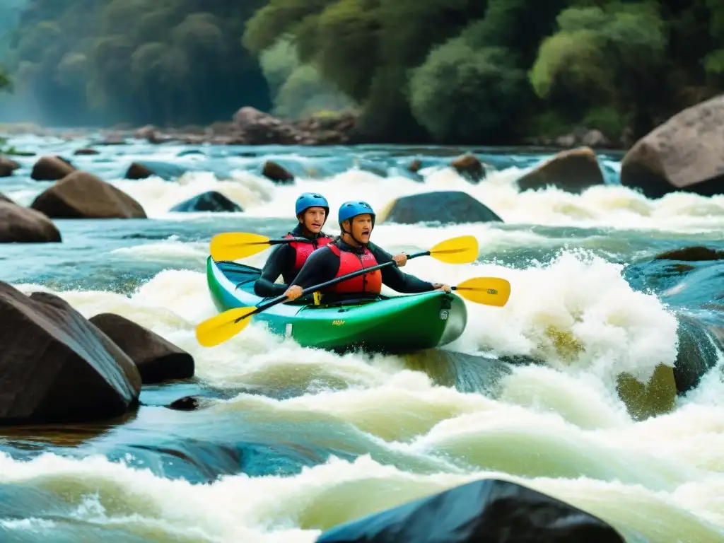 Un grupo de kayakistas emocionados surcando los rápidos de Uruguay, transmitiendo la emoción del canotaje en rápidos Uruguay