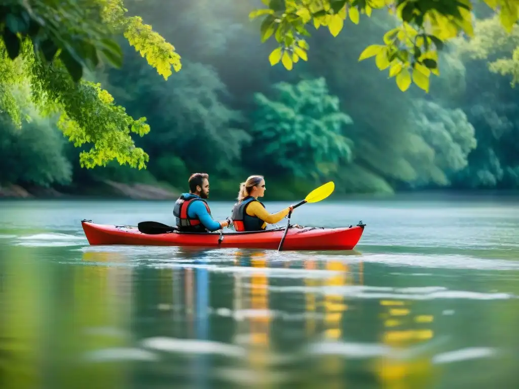 Un grupo de kayakistas remando juntos en un río tranquilo rodeado de exuberante vegetación, bajo la luz del sol entre las hojas