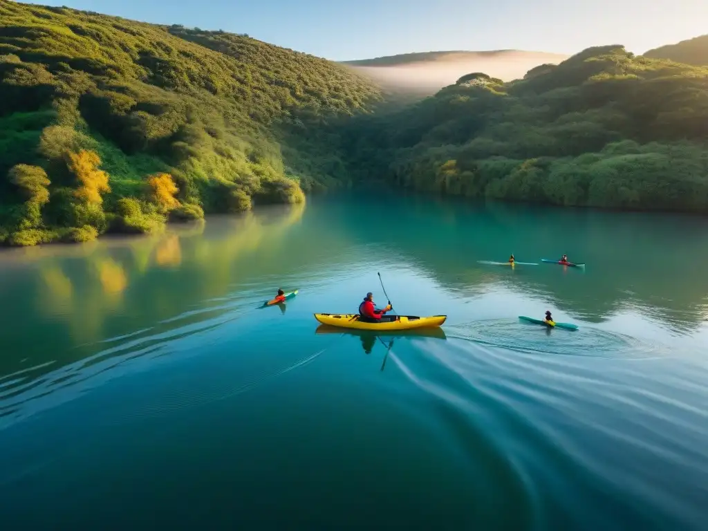 Grupo de kayakistas en Laguna Garzón al atardecer, rodeados de naturaleza