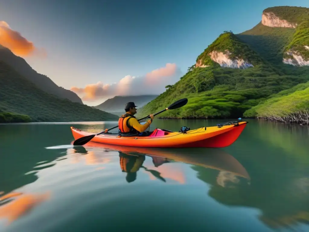 Un grupo de kayakistas remando en Laguna Garzón al atardecer, reflejando tonos naranjas y rosas en el agua serena