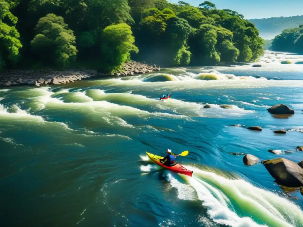 Grupo de kayakistas desafiando rápidos en el Río Negro, Uruguay