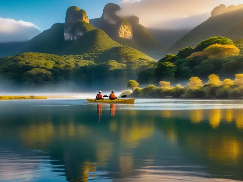 Grupo de kayakistas remando al amanecer en el Río Uruguay, con luz dorada sobre la vegetación