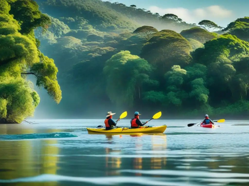 Grupo de kayakistas explorando el Río Negro en Uruguay, rodeados de naturaleza exuberante