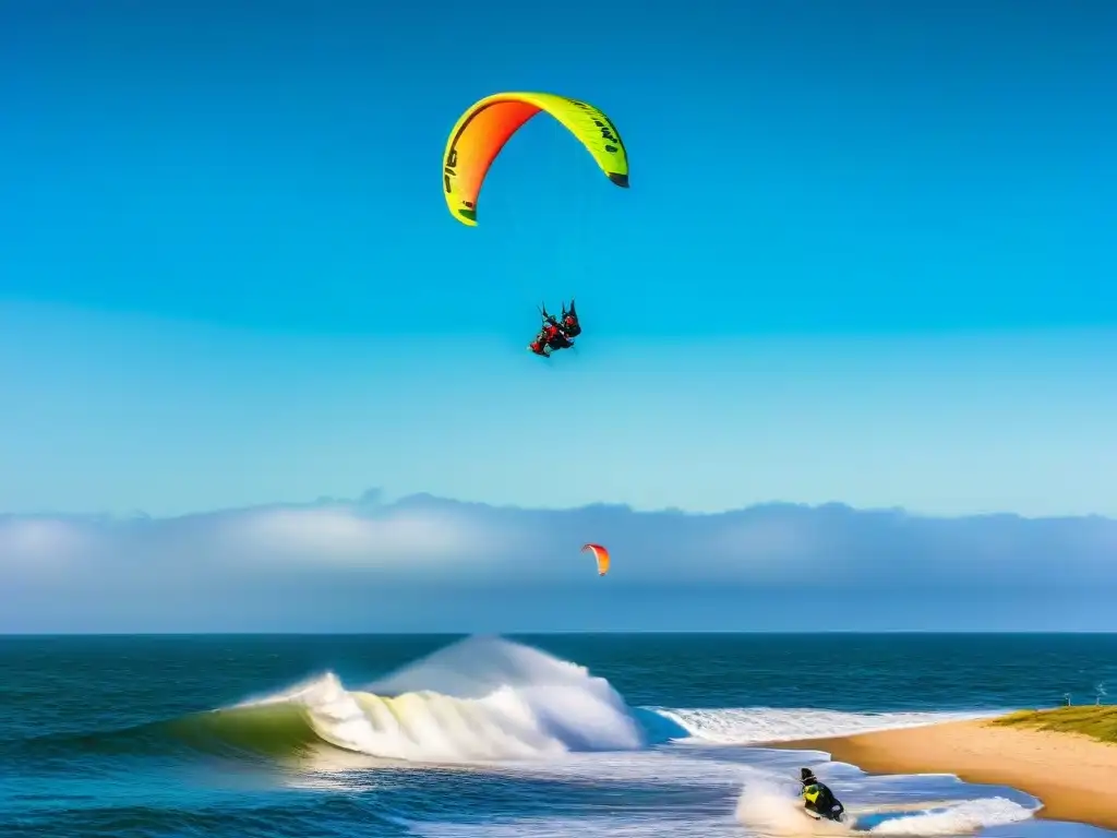 Grupo de kitesurfistas en Punta del Este, Uruguay, mostrando la historia y evolución del kitesurf en el país