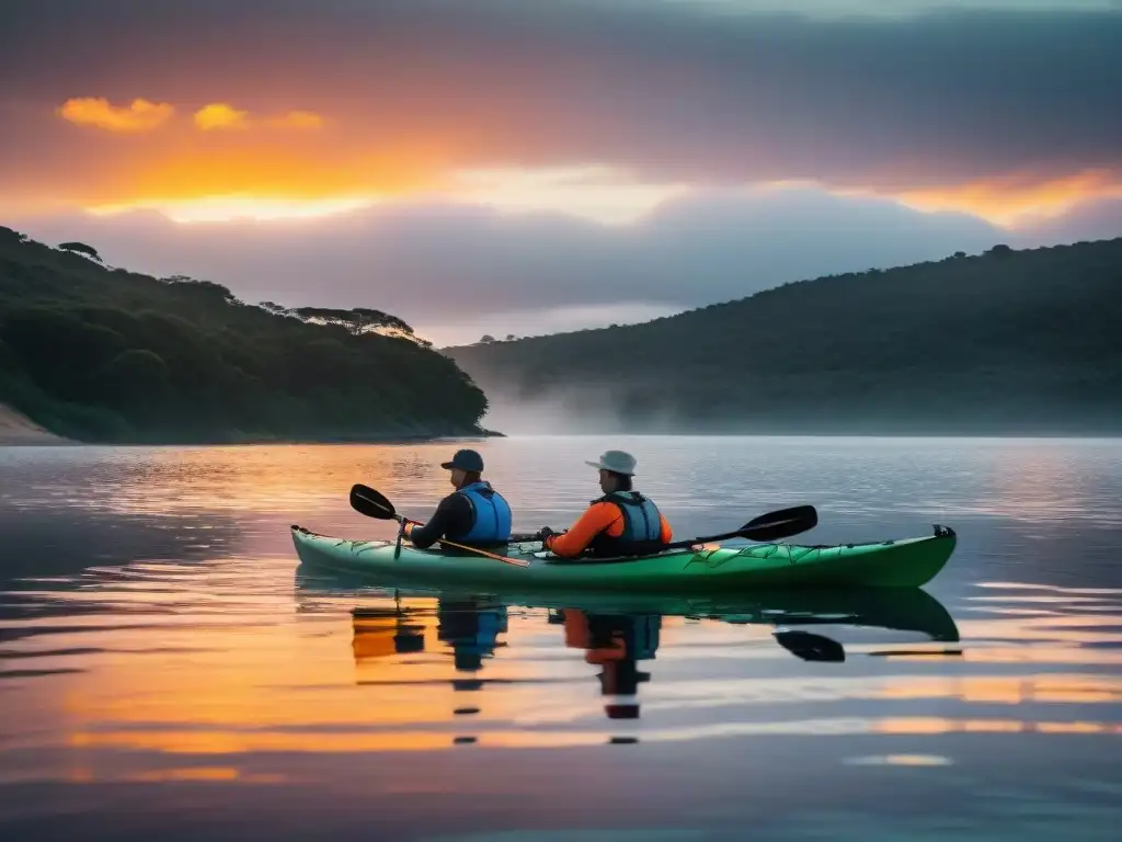 Grupo de kayakers remando en Laguna Garzón al atardecer, reflejando el cielo vibrante