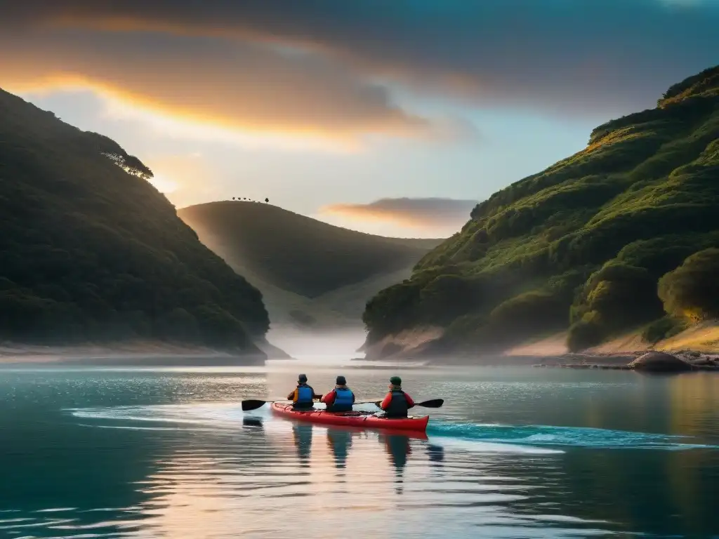 Grupo de kayaks explorando Laguna Garzón al atardecer en Uruguay