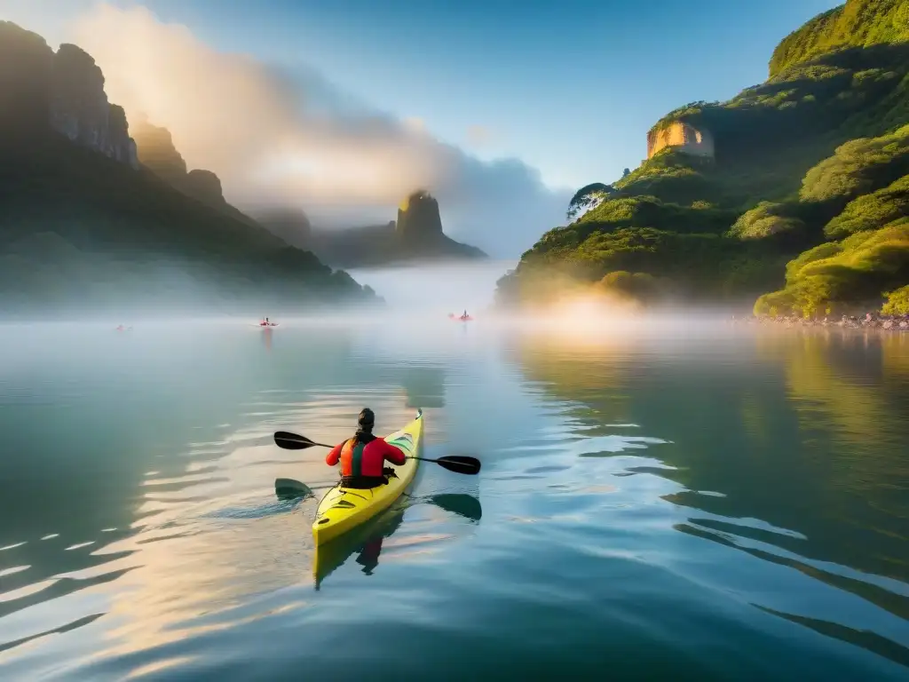 Grupo de kayakers en Laguna Garzón al amanecer durante el Festival Internacional de Kayak en Uruguay, eventos kayak Uruguay