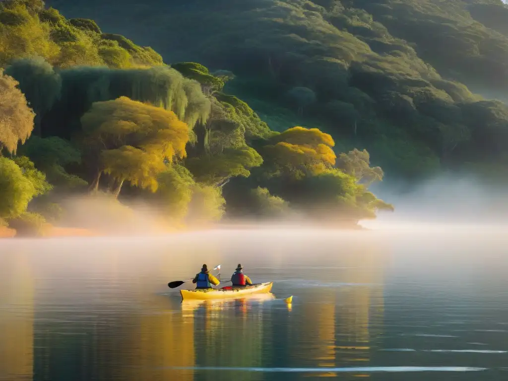 Un grupo de kayaks surcando serenamente la Laguna Rocha al atardecer en Uruguay