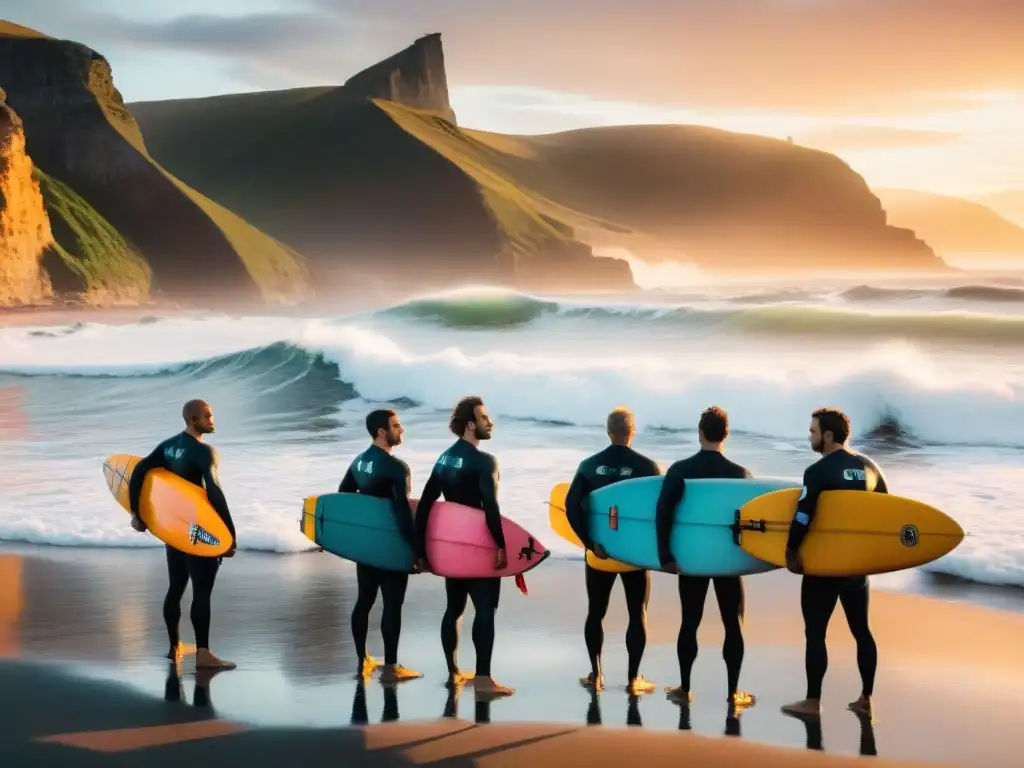 Grupo de legendarios surfistas uruguayos en la playa al atardecer, honrando al mar con camaradería