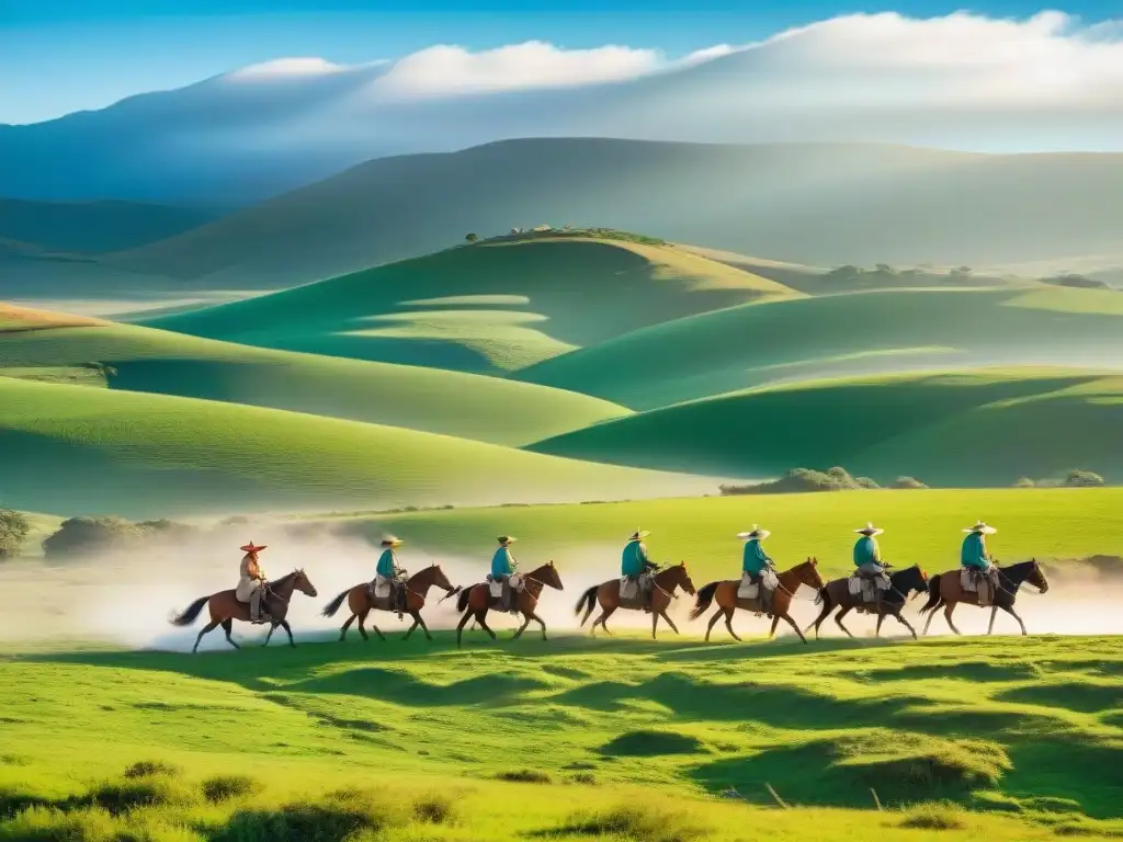 Grupo de gauchos en Uruguay heredando ganado en llanuras bajo el sol