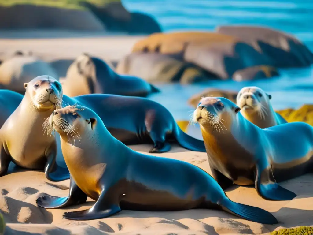 Un grupo de lobos marinos descansando al sol en la costa rocosa de Uruguay