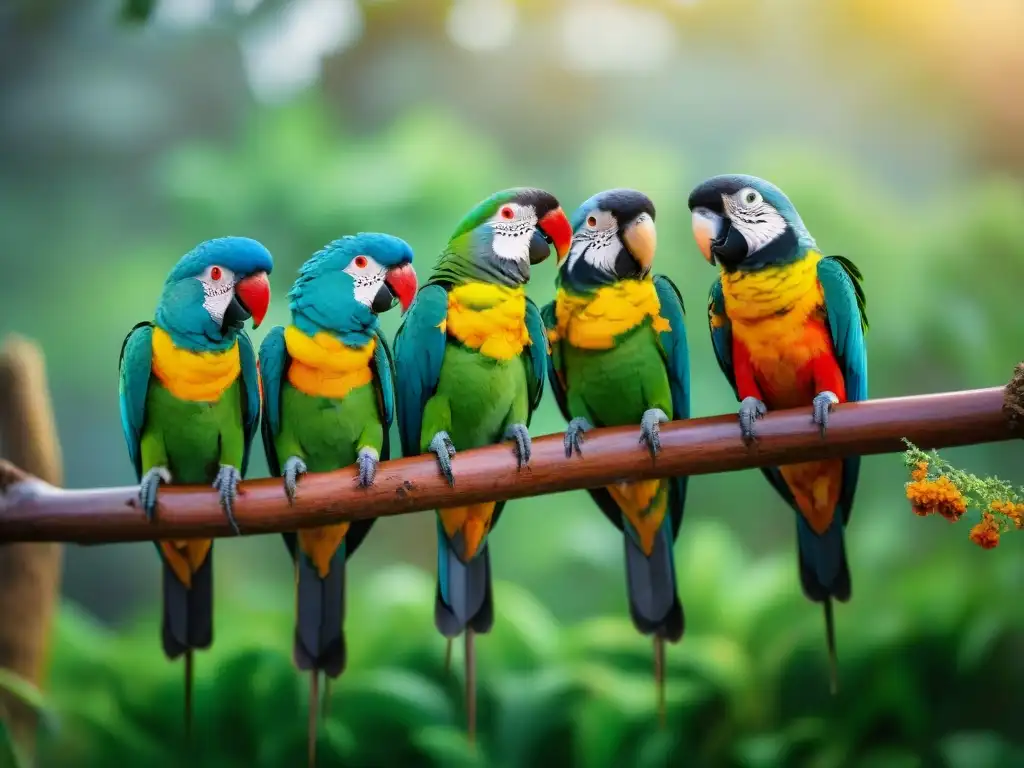 Un grupo de loros coloridos no nativos posados en una rama en un parque de Uruguay, con el sol iluminando sus plumajes vibrantes