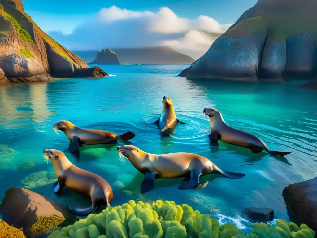 Un grupo de majestuosos leones marinos descansando en Isla de Lobos, con aguas turquesas y sol brillante