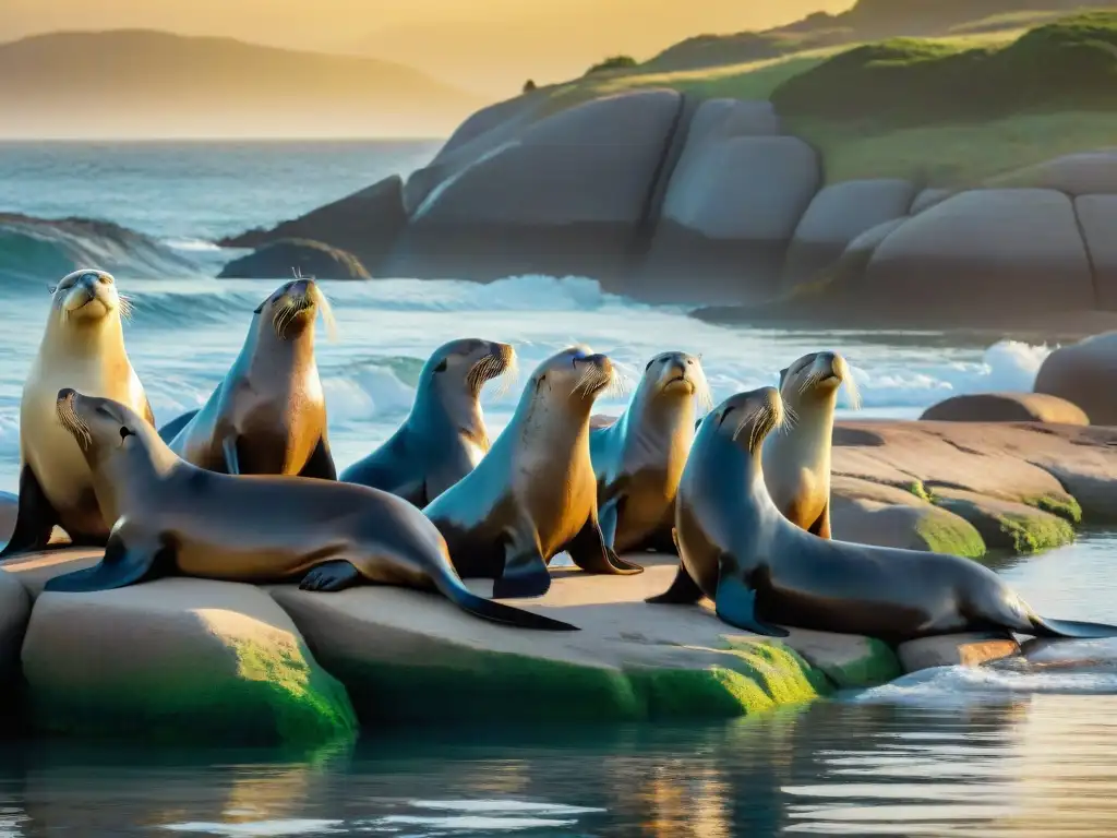 Un grupo de majestuosos lobos marinos descansando en la costa de Uruguay