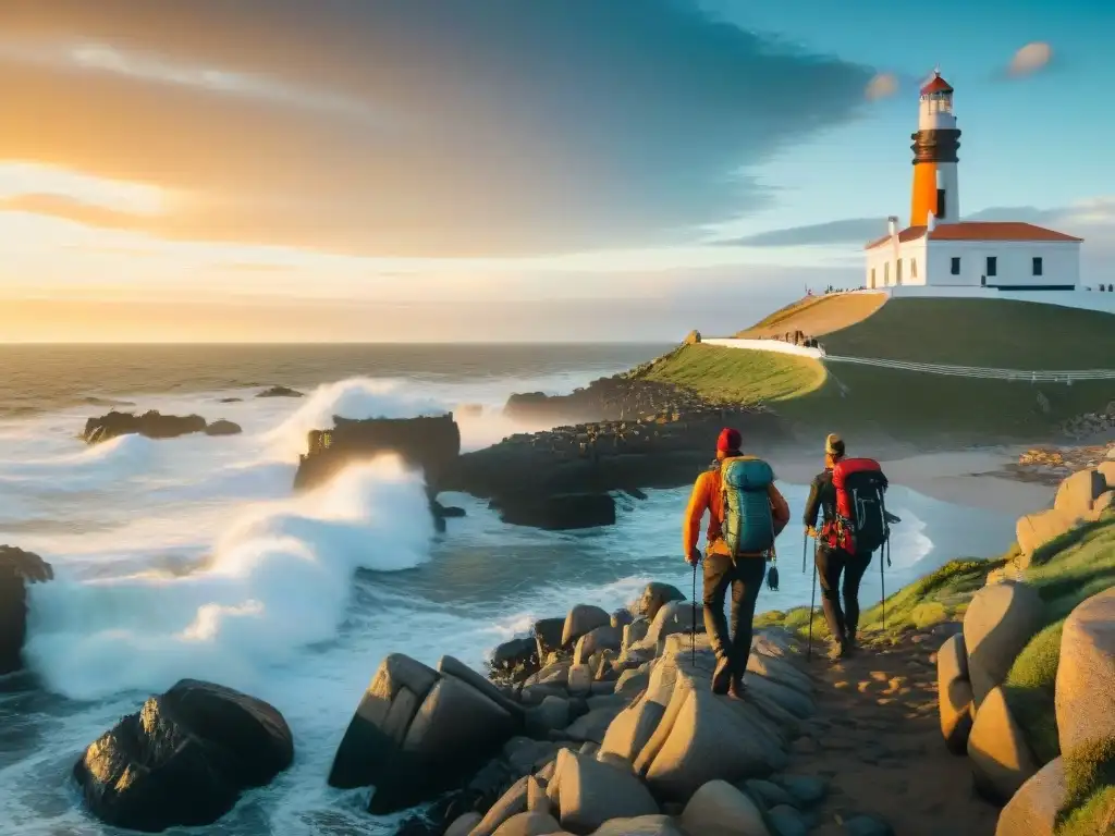 Un grupo de mochileros aventureros explorando la costa de Uruguay al atardecer, con el icónico faro de Cabo Polonio de fondo