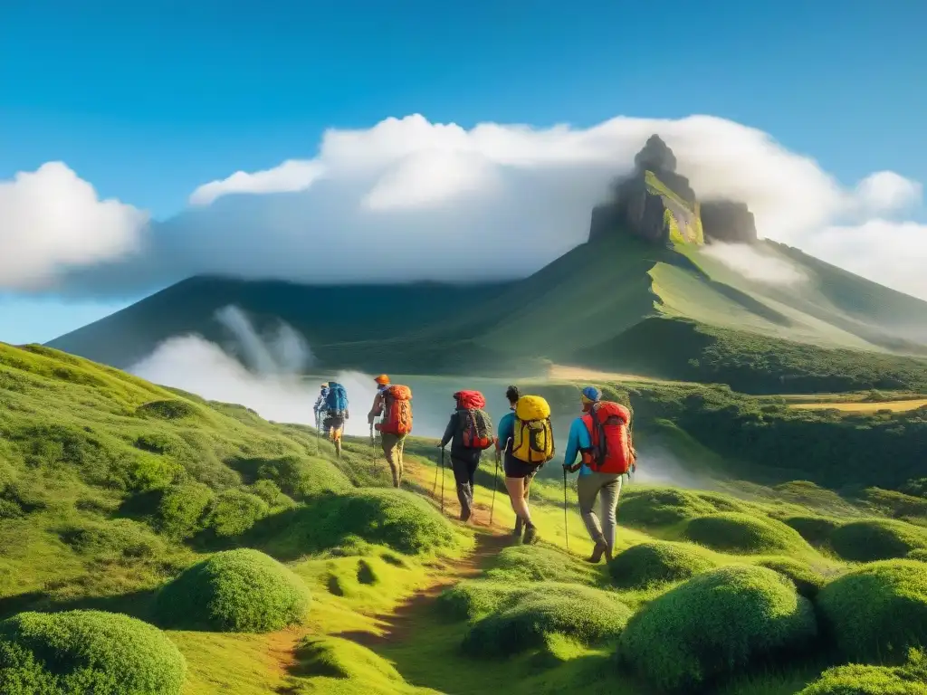 Un grupo de mochileros aventureros explorando los paisajes verdes de Uruguay, con el icónico Cerro Largo de fondo