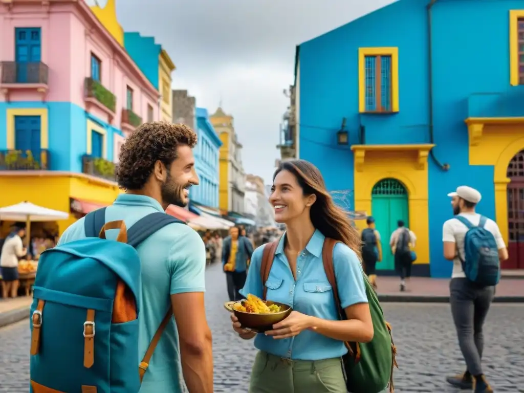 Un grupo de mochileros explorando las calles vibrantes de Montevideo, Uruguay