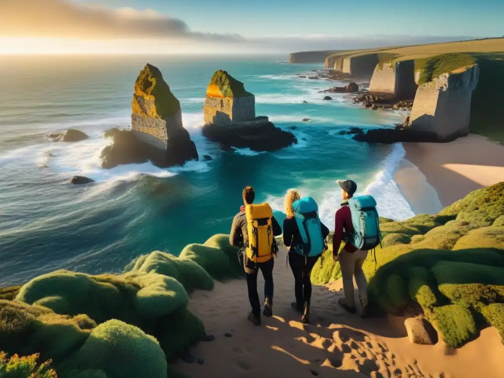 Un grupo de mochileros explorando la costa de Uruguay al atardecer, evocando la emoción del viaje