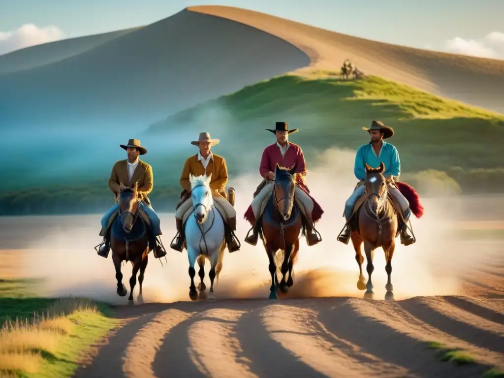 Grupo de gauchos en Uruguay, montados a caballo en las extensas llanuras doradas