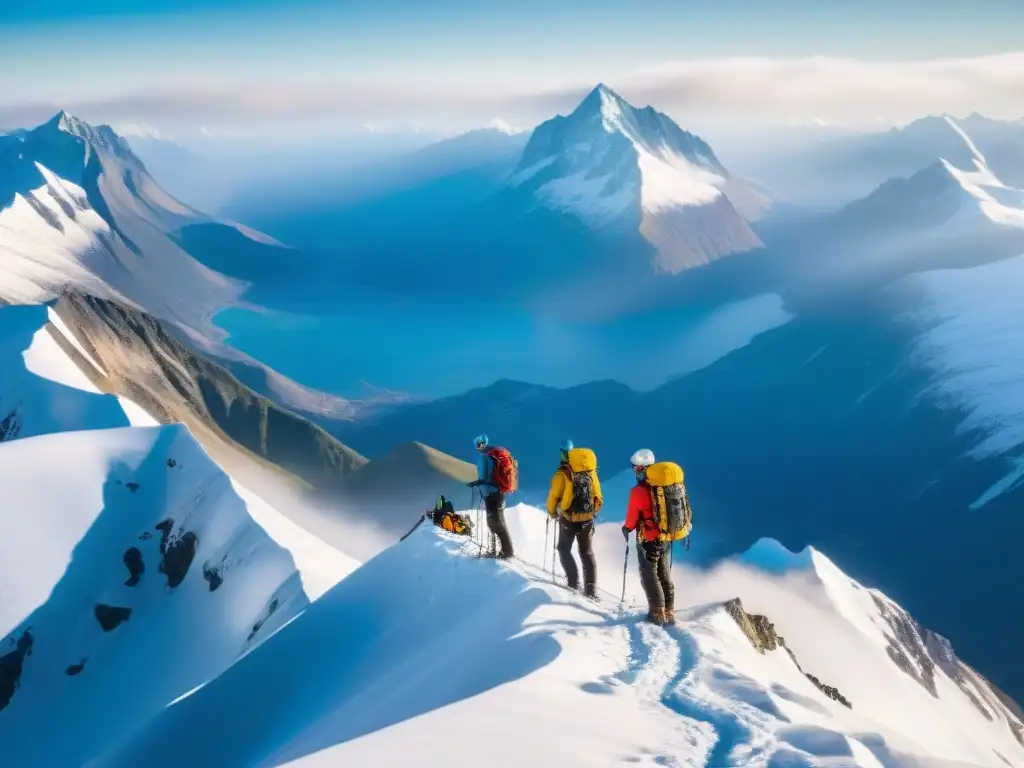 Grupo de montañistas en cumbre nevada usando dispositivos de comunicación satelital en aventuras remotas