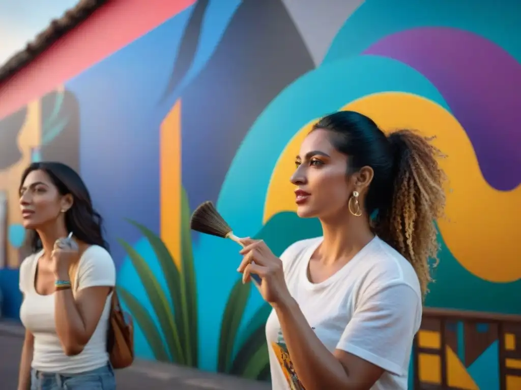 Un grupo de mujeres artistas uruguayas empoderadas creando un mural vibrante en la ciudad