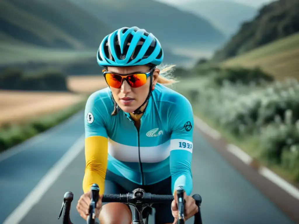 Un grupo de mujeres ciclistas diversas y determinadas pedaleando en un escenario escénico en Uruguay