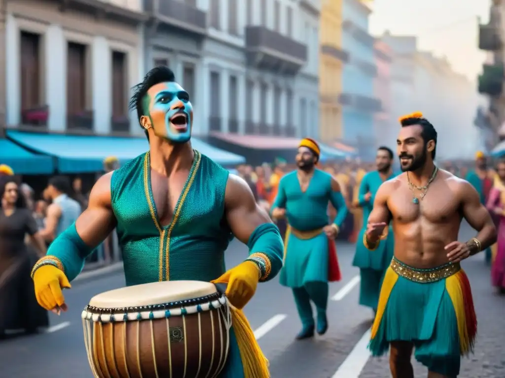 Grupo de murga uruguaya historia y evolución actuando en Carnaval de Montevideo, lleno de energía y color