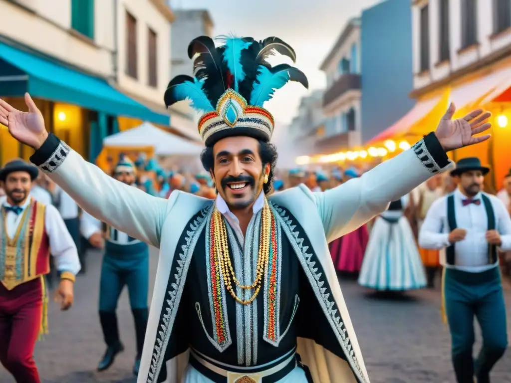 Grupo de murgueros en Montevideo, expresando pasión y color durante el Carnaval