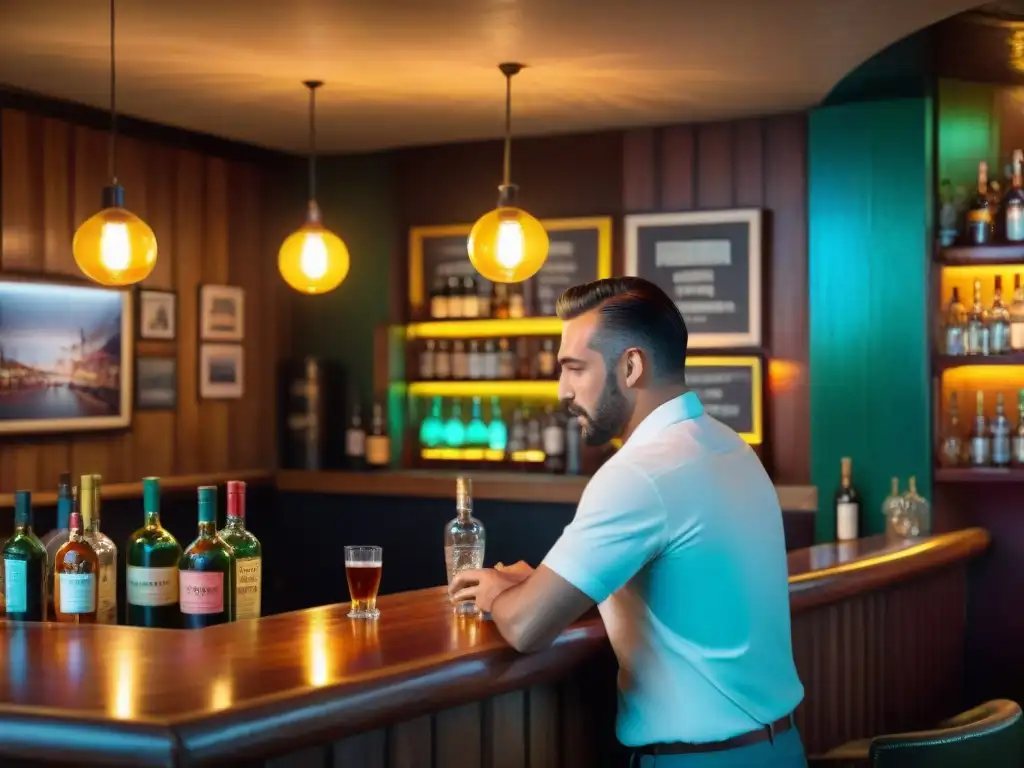 Grupo disfruta de música en vivo en acogedor bar de Montevideo, con bartender preparando tragos