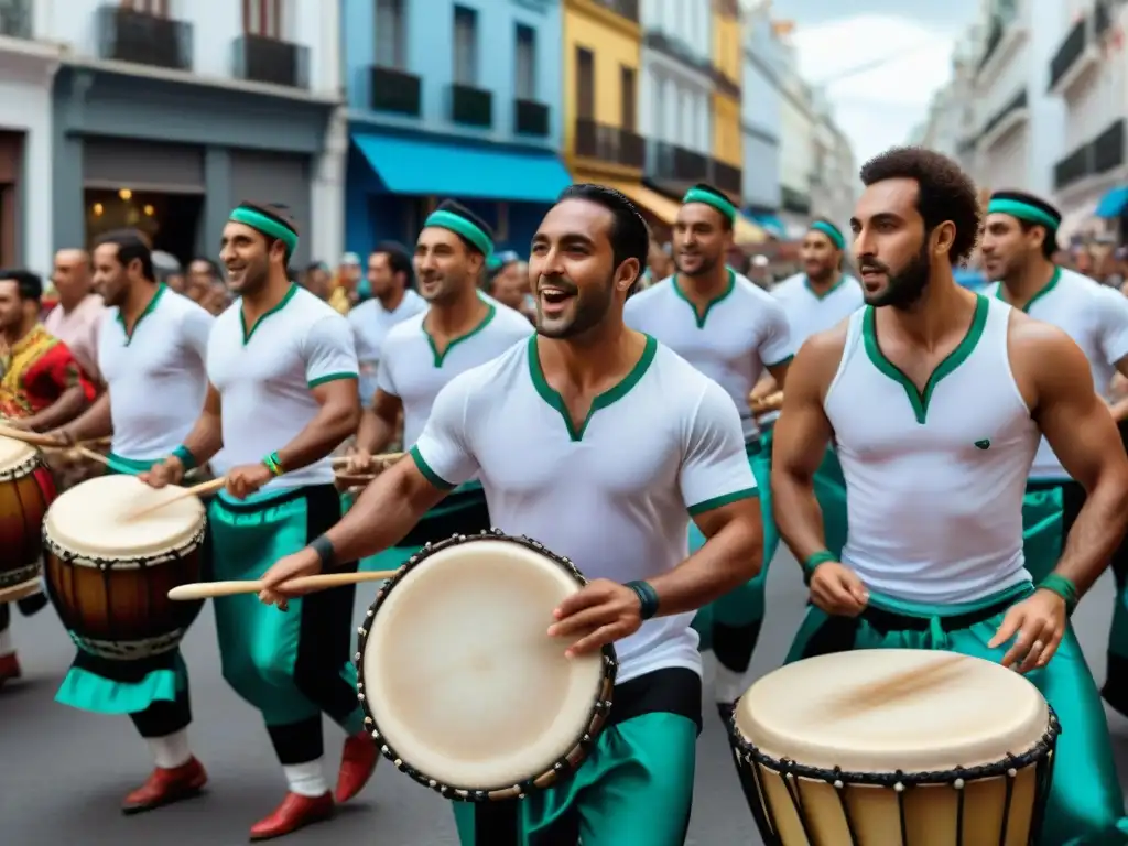 Grupo de músicos afro-uruguayos tocando tambores en desfile de candombe en Montevideo, reflejando la historia del candombe en Uruguay