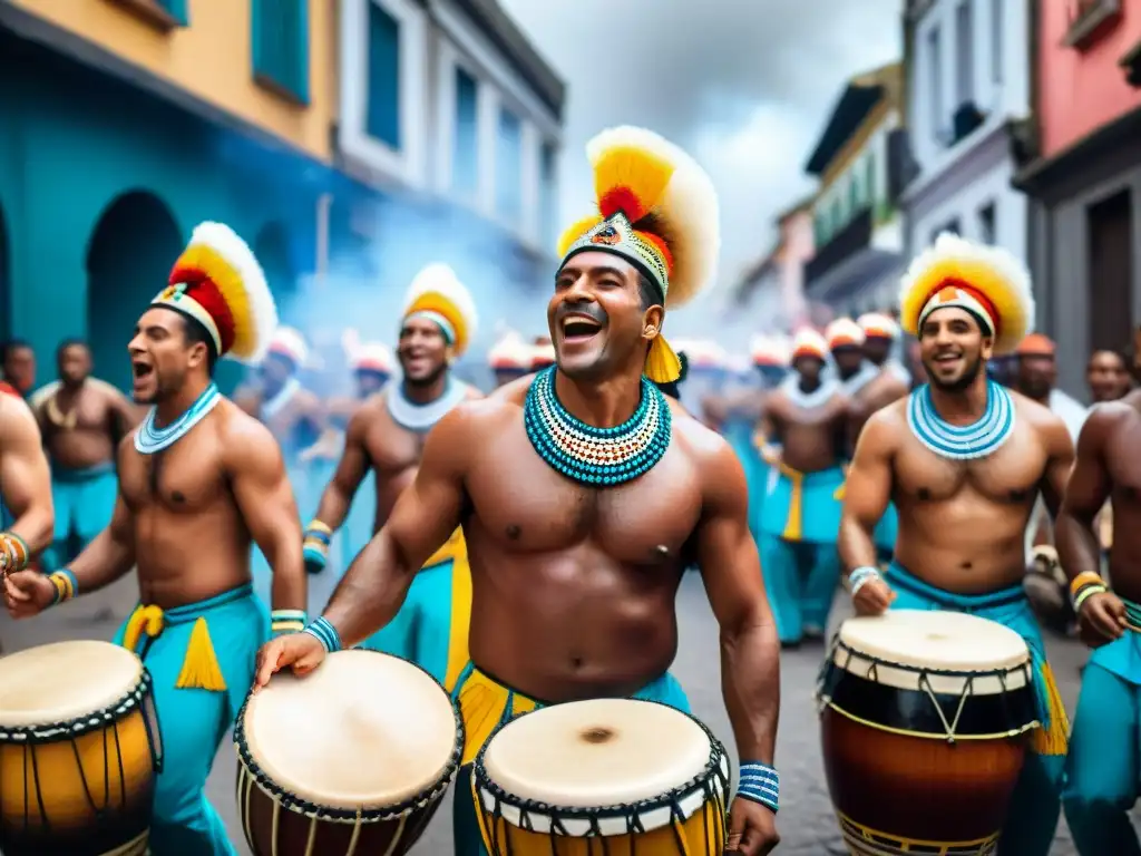 Grupo de músicos afro-uruguayos tocando tambores de Candombe en desfile callejero, reflejando la historia del candombe en Uruguay