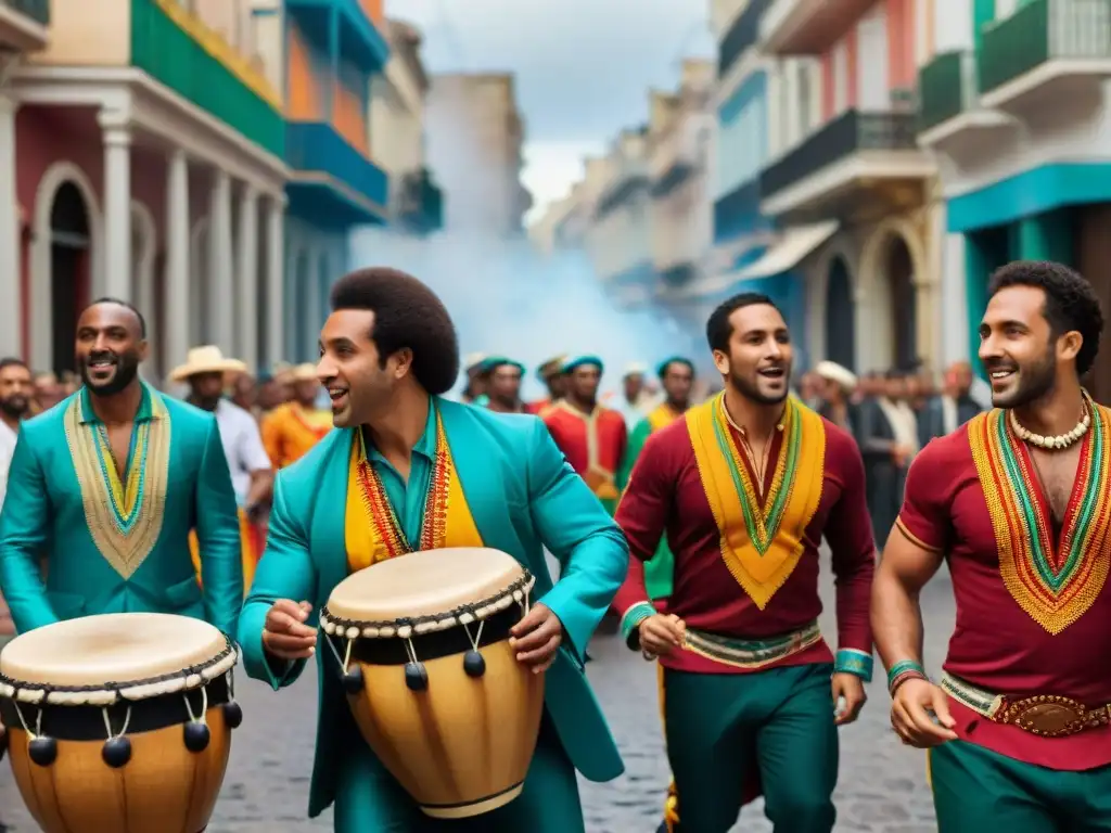 Grupo de músicos AfroUruguayos tocando tambores de Candombe en las calles de Montevideo, historia del candombe en Uruguay