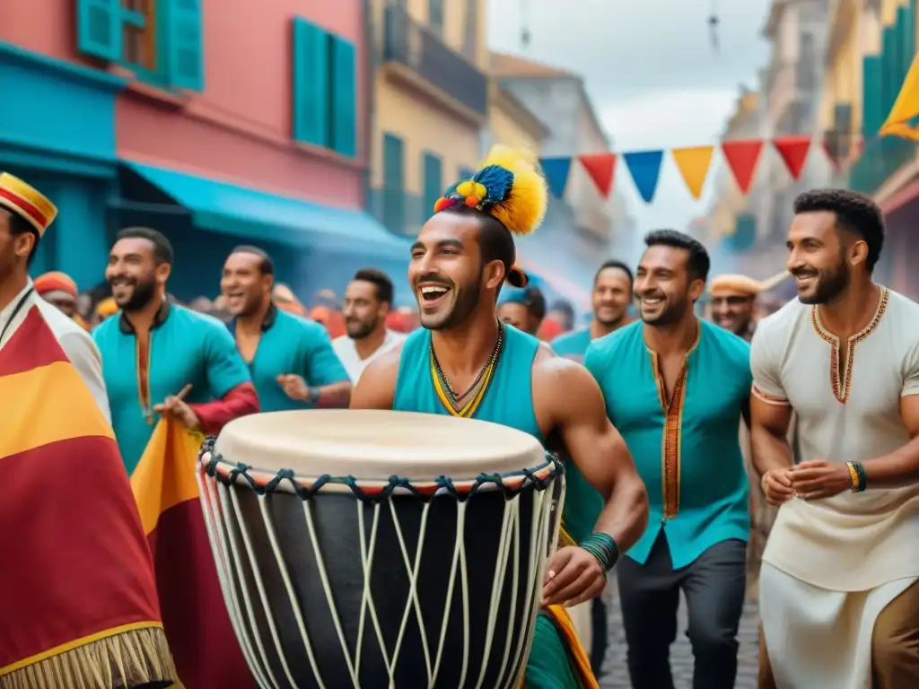 Grupo de músicos AfroUruguayos tocando tambores en el Día Nacional del Candombe en Uruguay