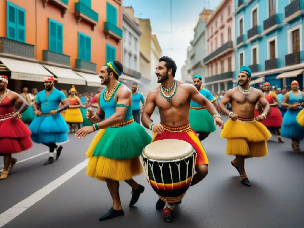 Grupo de músicos afro-uruguayos tocando tambores de Candombe durante el carnaval en Montevideo