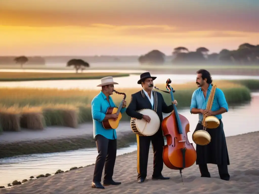 Grupo de músicos tocando Chamamé junto al río Uruguay al atardecer