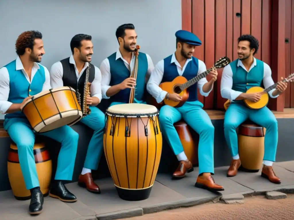 Grupo de músicos tocando instrumentos musicales tradicionales Uruguay en escenario auténtico y colorido