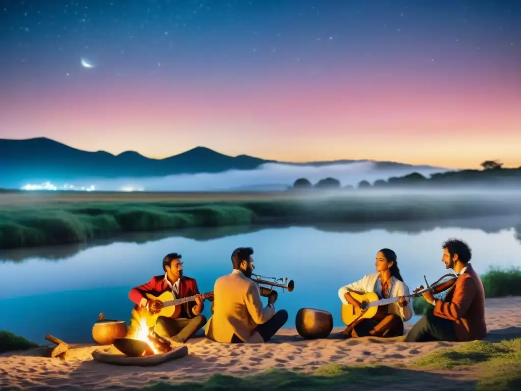 Grupo de músicos tocando instrumentos tradicionales Chamamé en Uruguay: Ritmos Litoral, bajo el cielo estrellado junto al río