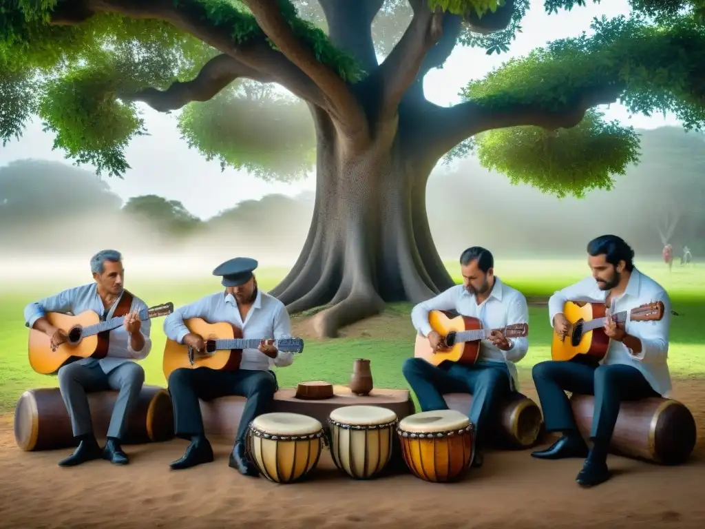 Un grupo de músicos tocando instrumentos tradicionales Chamamé bajo un árbol, reflejando pasión y destreza