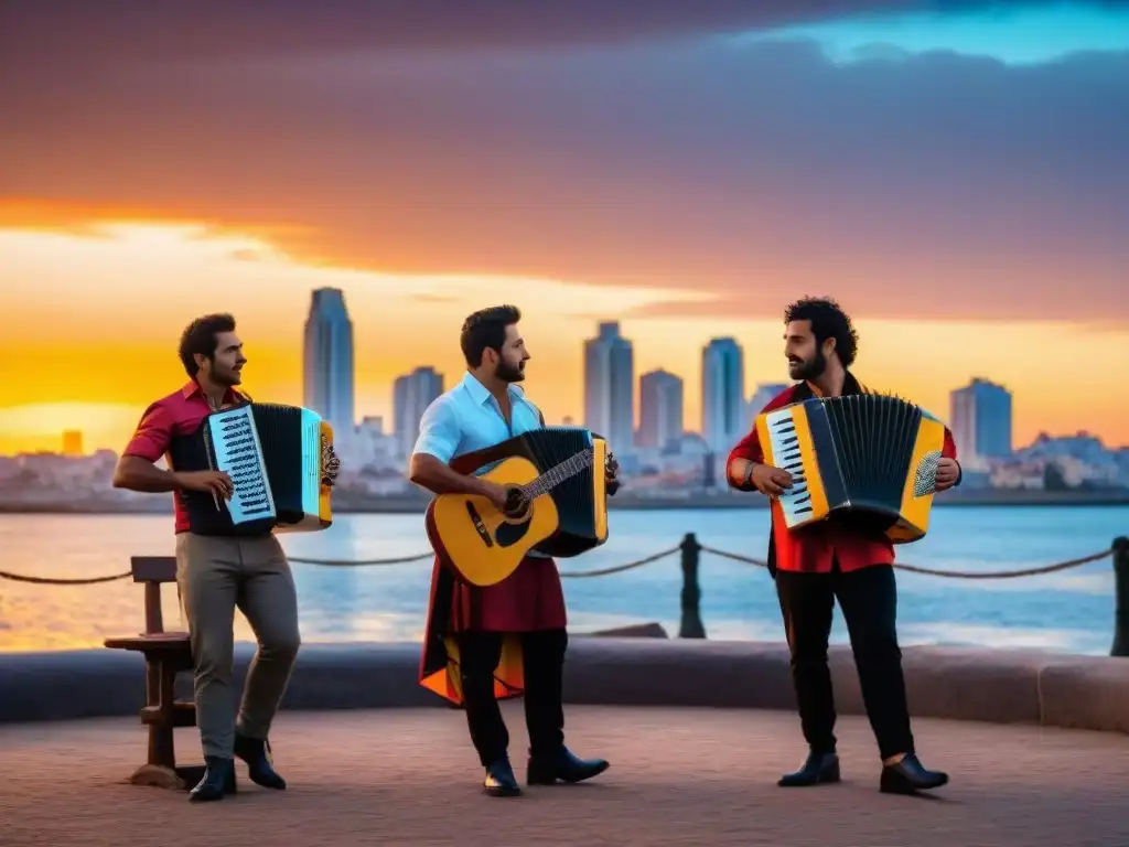 Grupo de músicos tocando instrumentos tradicionales uruguayos al atardecer en Montevideo, conservando la música tradicional Uruguay