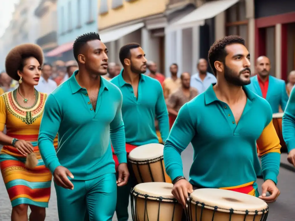 Grupo de músicos con raíces africanas tocando tambores de candombe en desfile callejero vibrante en Montevideo, Uruguay