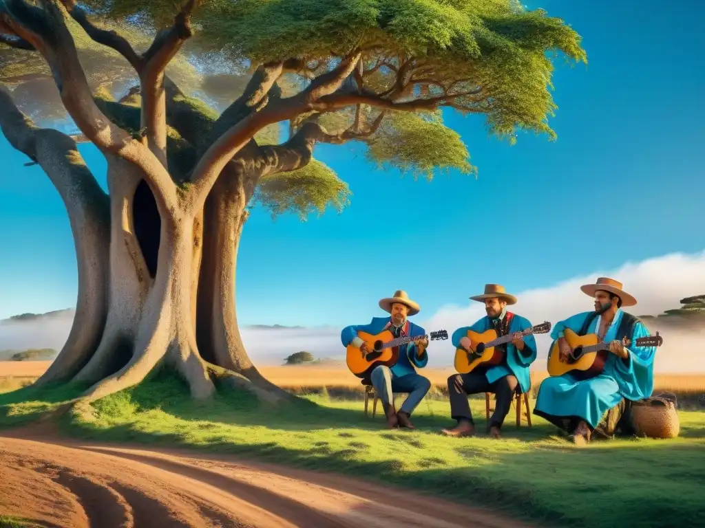 Grupo de músicos uruguayos tocando folklore bajo un ceibo, evocando comunidad, tradición y naturaleza