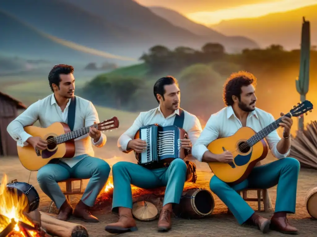 Grupo de músicos uruguayos tocando guitarra, acordeón y tambores alrededor de una fogata bajo un cielo estrellado